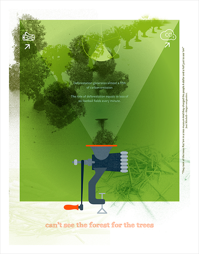 “Can’t see the forest for the trees" (2018). 14" x 11". Limited edition 1/2. Digital collage by Joerg Dressler in collaboration with Mark Borrelli. Original and found material; archival ink on archival paper.