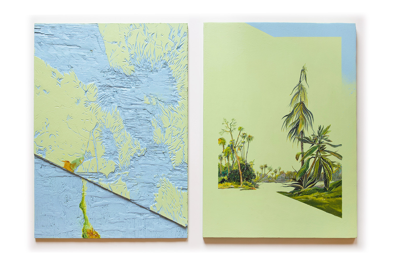 "Interlude" 14 x 20 inches, acrylic on panel and woodcarvings, 2018